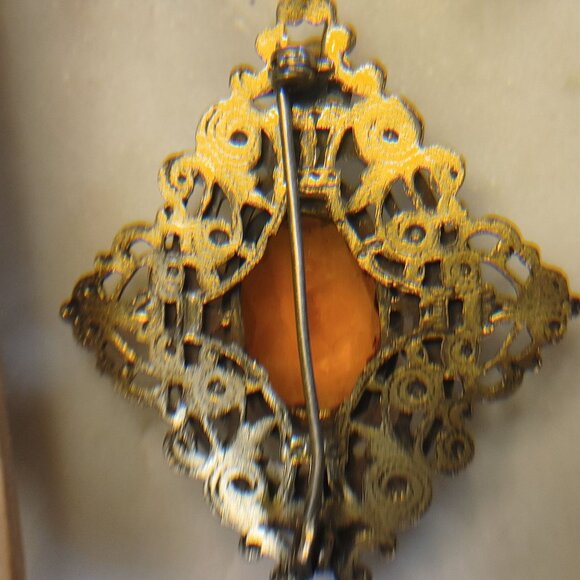 Antique Victorian Brass Filigree Brooch Yellow Orange Amber Colored Glass - Picture 5 of 16